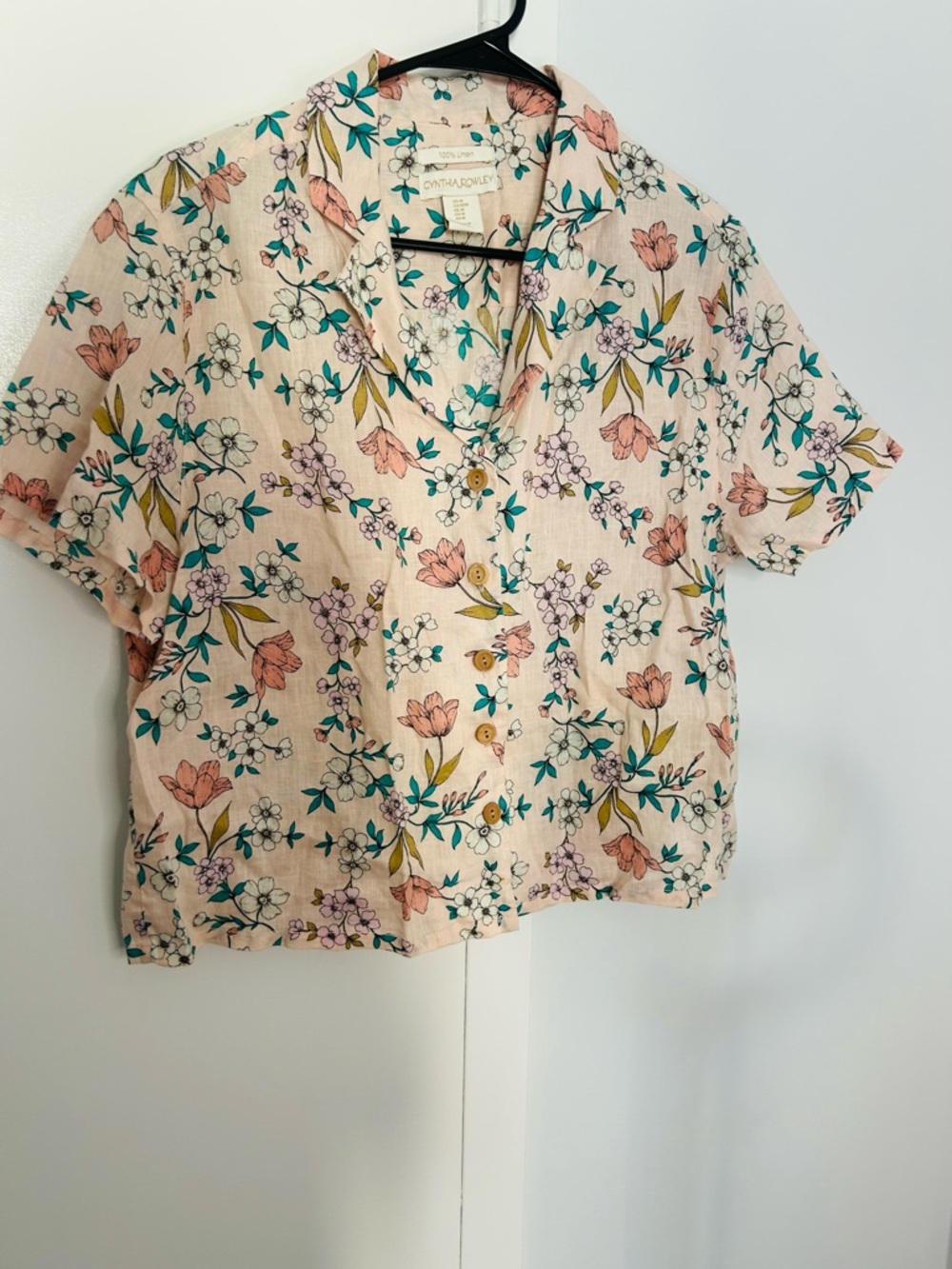 Cynthia Rowley Women Pale Pink Floral Short-Sleeve Button-Down Shirt 100% linen